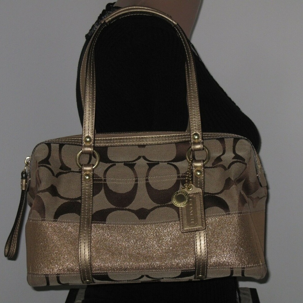 STUNNING VINTAGE PRISTINE METALLIC COACH KHAKI SIGNATURE GOLD SATCHEL HANDBAG - Picture 7 of 13